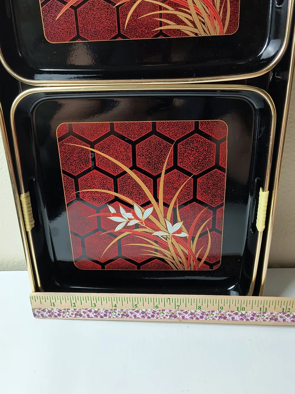 Vintage Himark NISHI GARDEN 3 pc Lacquerware Tray Set Japan 1984